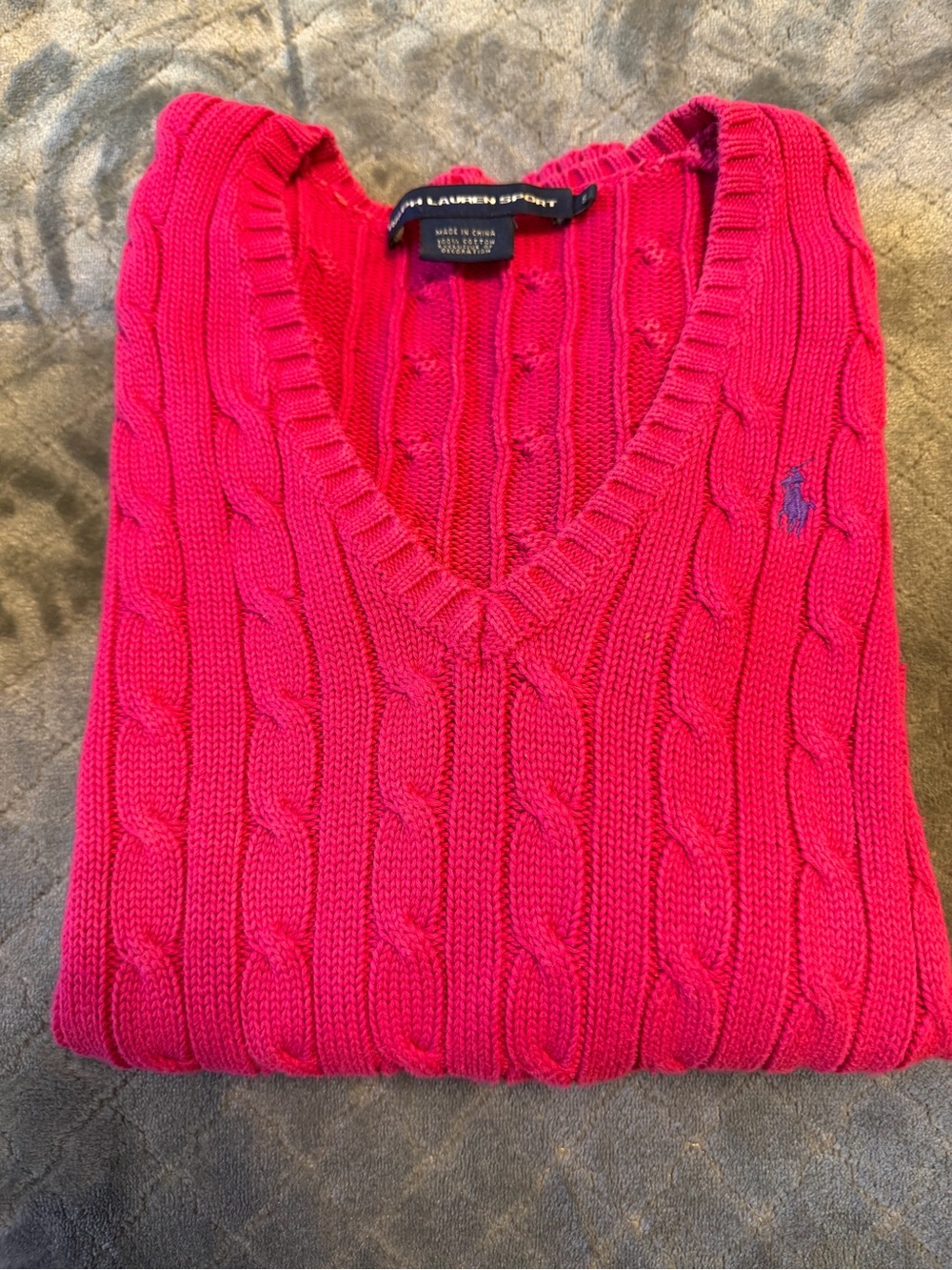 Ralph Lauren Bright Pink Cable-Knit V-Neck Sweater